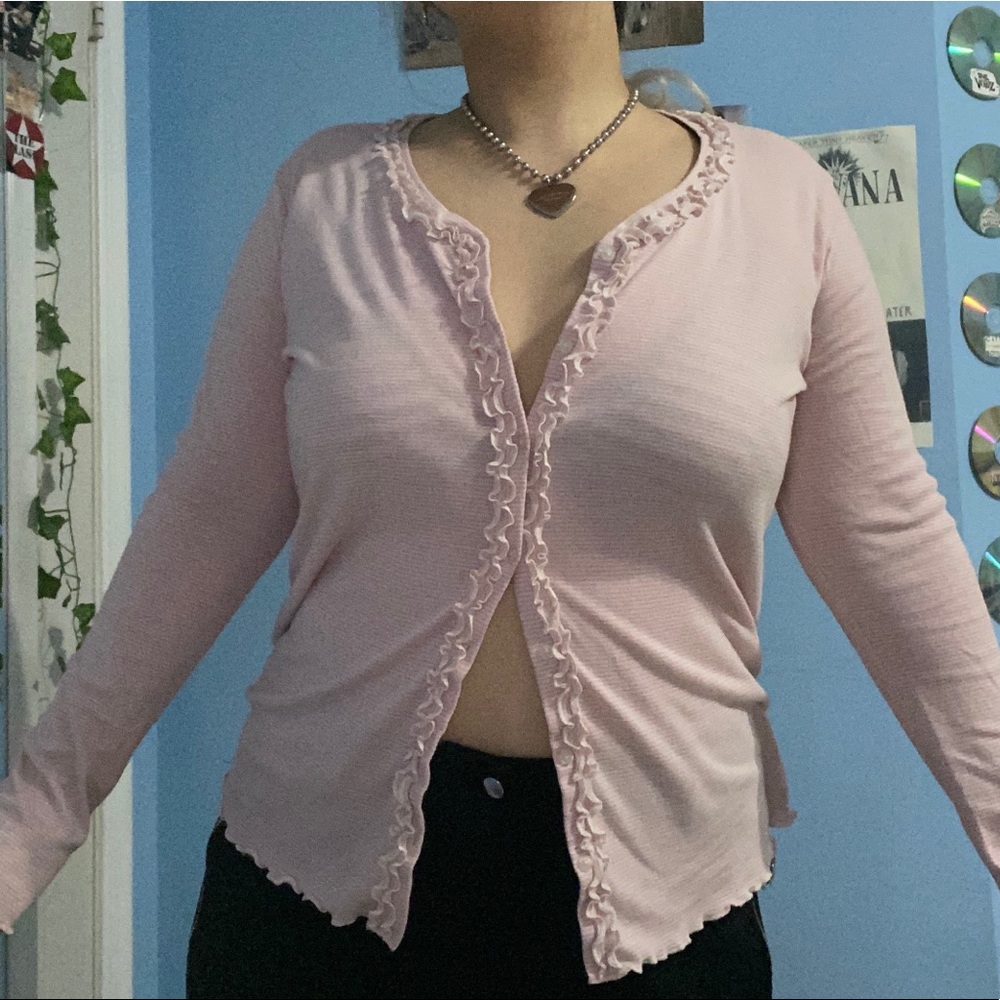 Ruffle striped button up pastel top